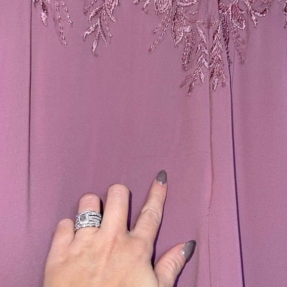 MGNY Floral Lace Embellished Beaded Flutter Sleeve Dress - Rose - Picture 9 of 12